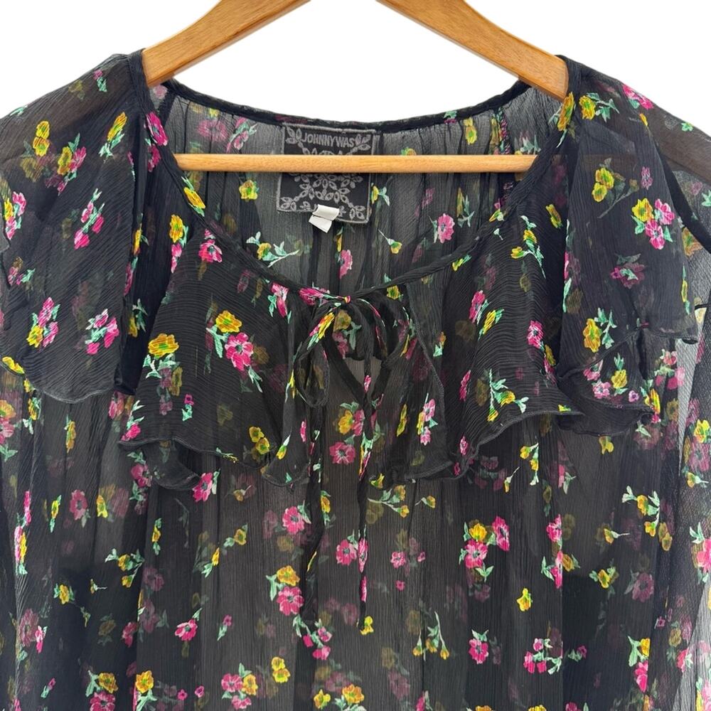 Johnny Was Jade Fernanda Silk Peasant Romantic Sheer Floral Ruffle Blouse Size L - Picture 4 of 14